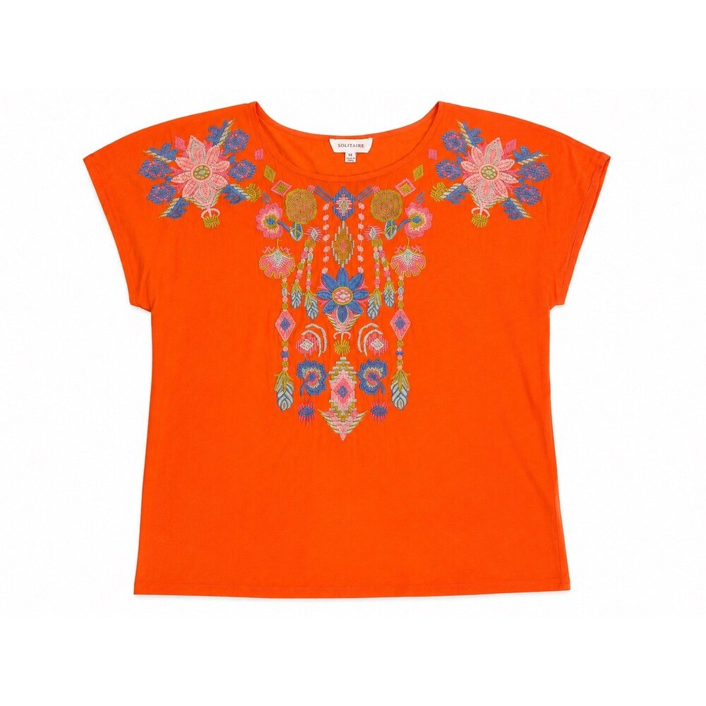 Solitaire Women’s Orange Embroidered Boho Floral Blouse Top Size Medium